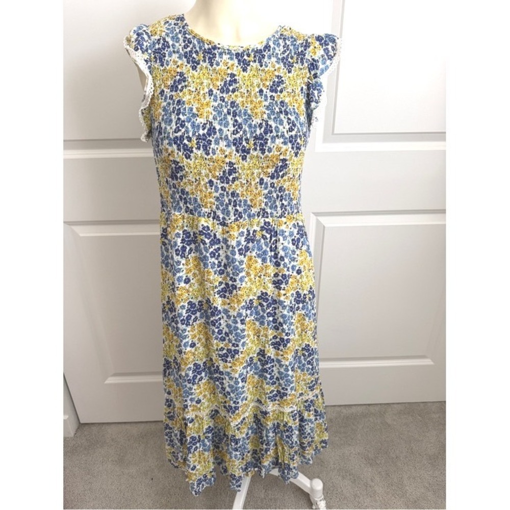 Lost + Wander Smocked Floral Midi Dress Blue‎ Yellow Cottagecore Boho Medium